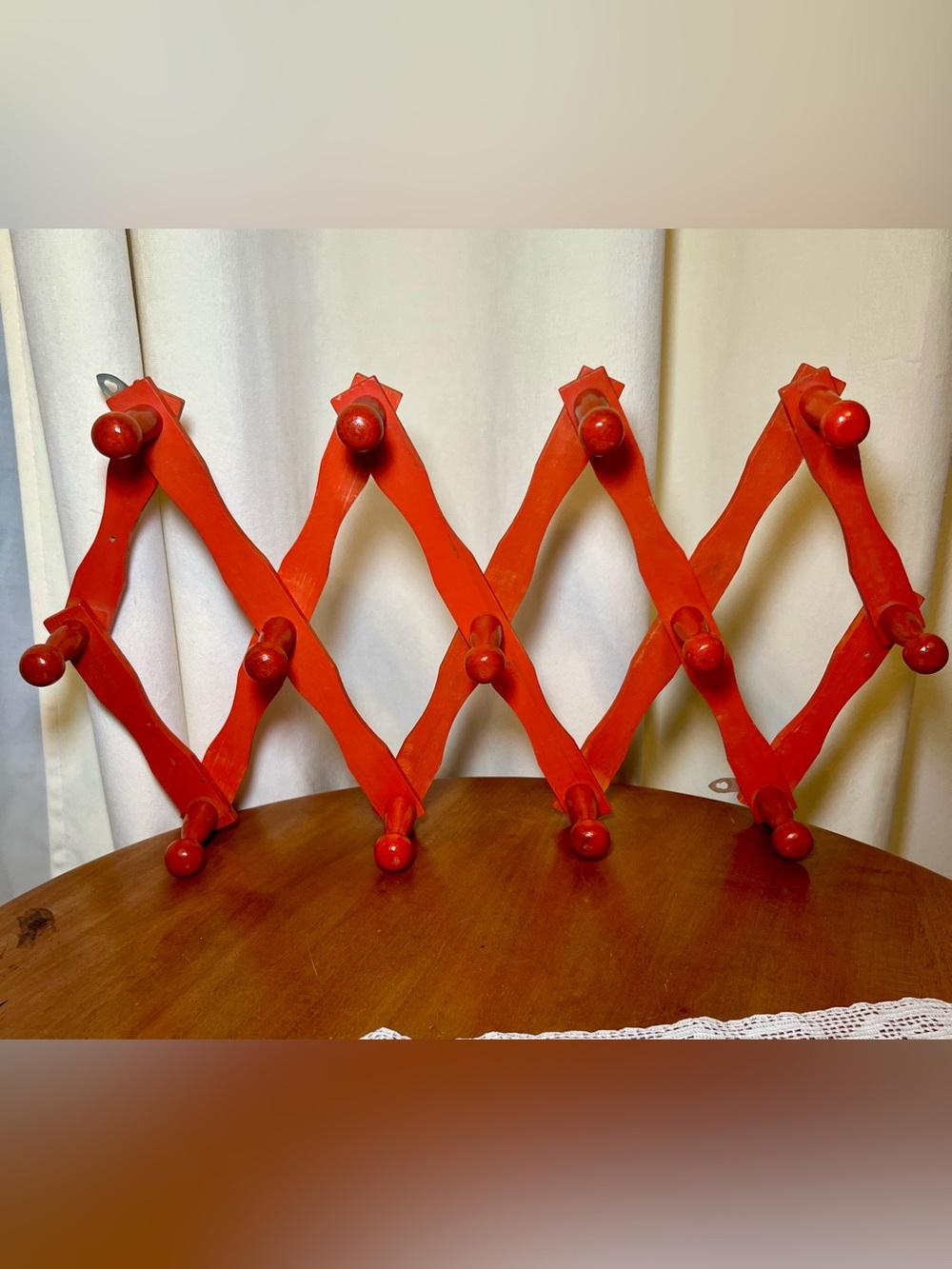 Vintage Orange Accordion Expandable Wooden Wall Rack with Pegs